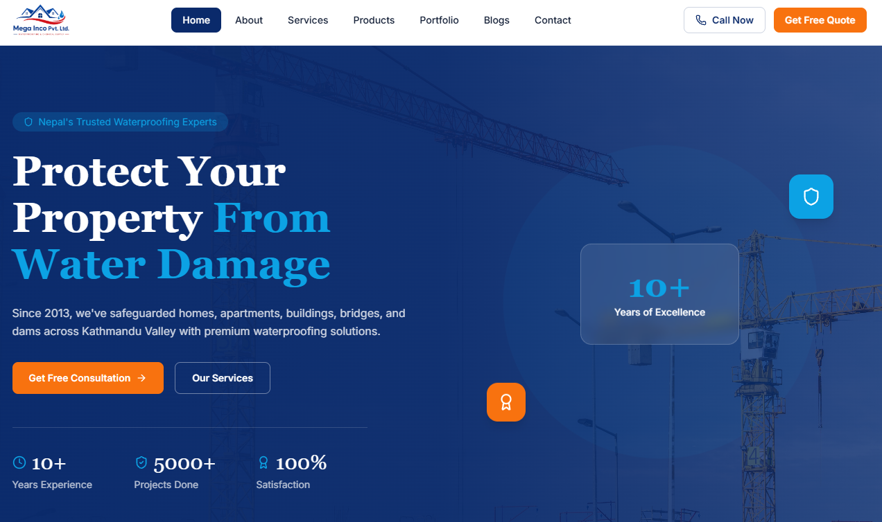Mega Inco Pvt. Ltd. waterproofing and construction website